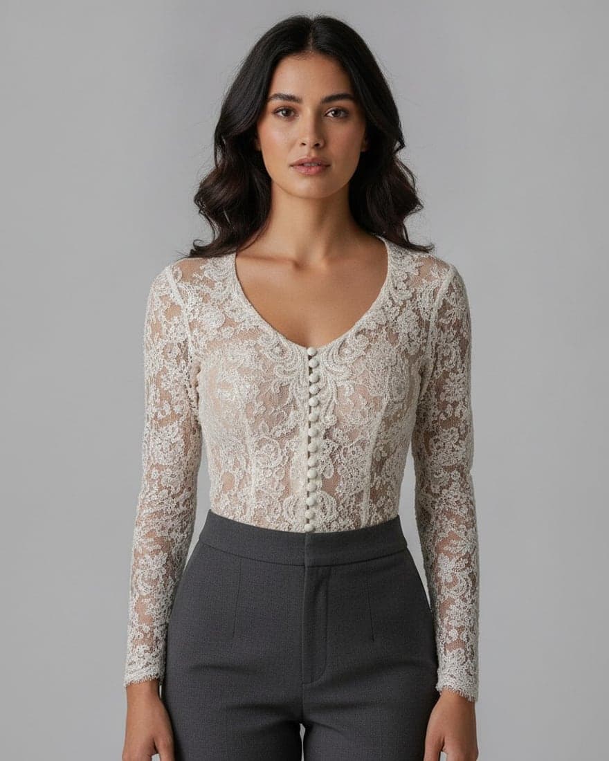 La misma blusa de encaje puesta sobre una modelo generada, con su calado y sus botones