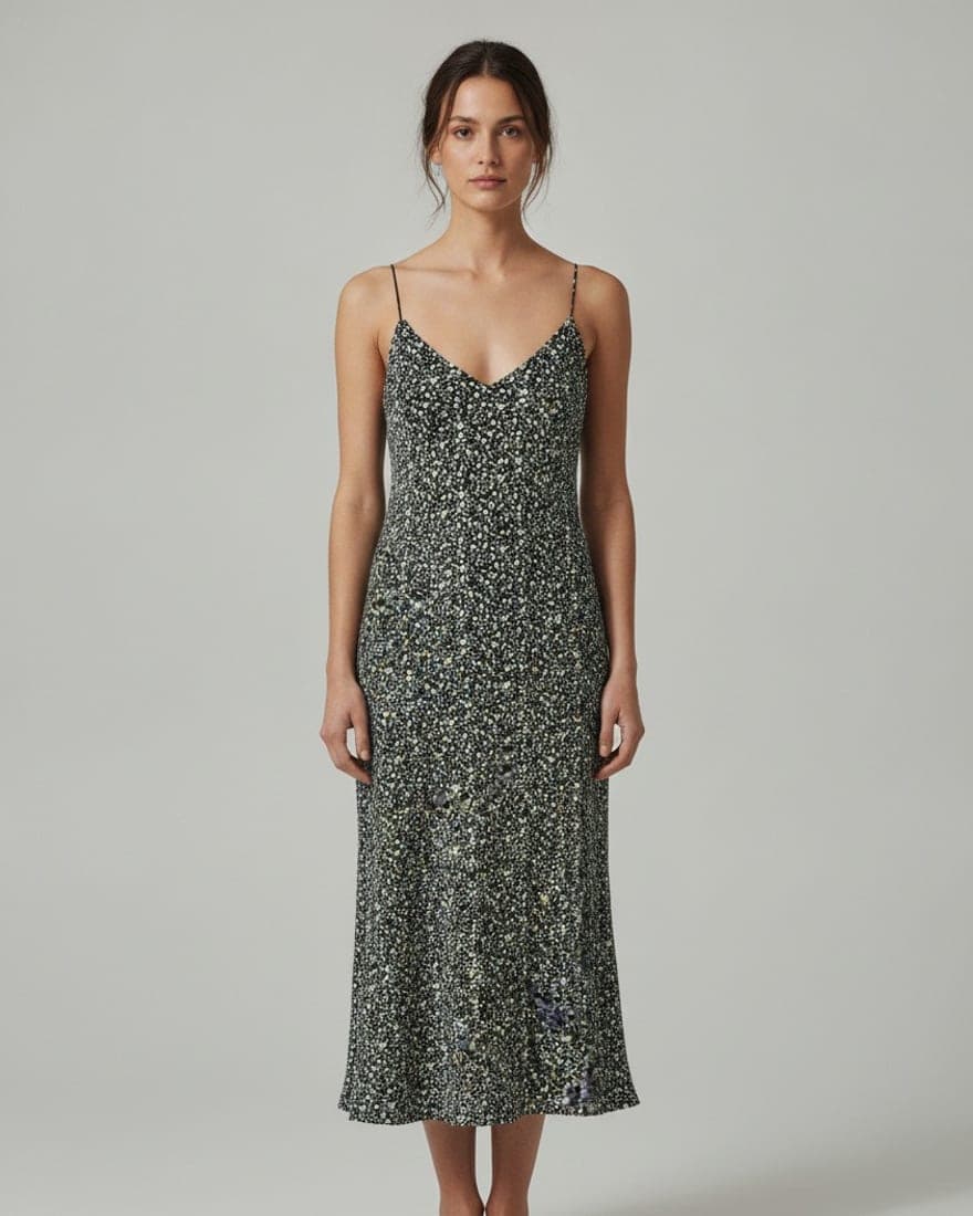 El mismo vestido puesto sobre una modelo generada por PicSell Pro
